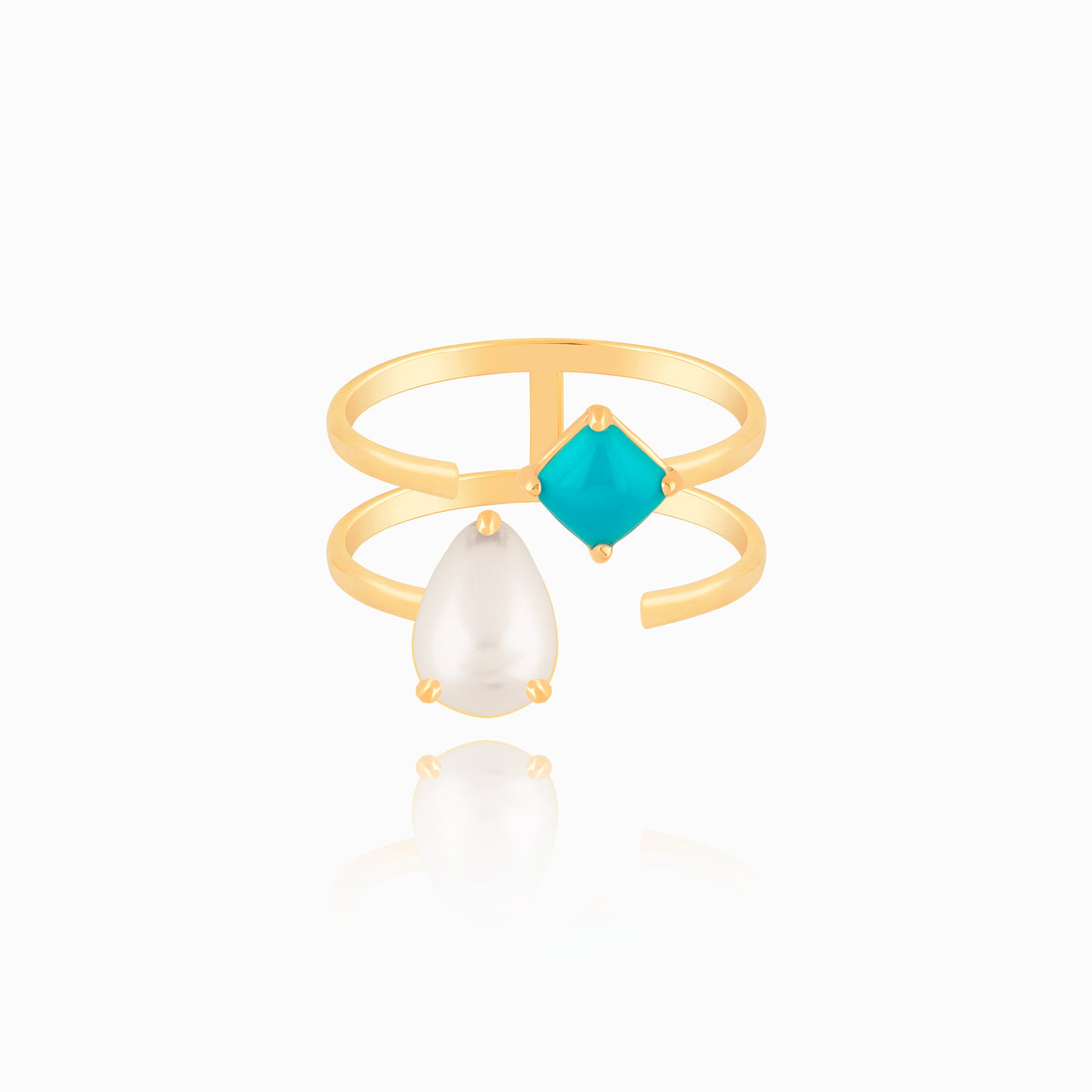 Turquoise & Pearl Double Layer Ring
